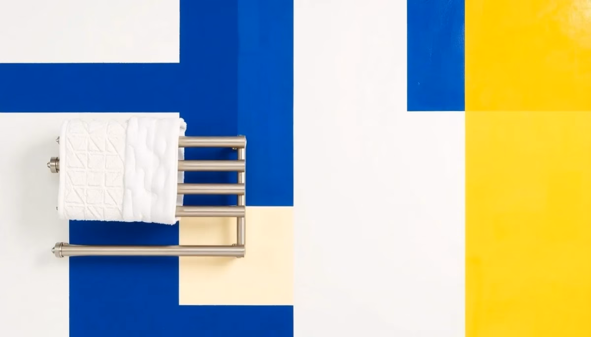 Suprematist abstract painting by Kazimir Malevich featuring a heated towel rail radiator with folded geometric towels. Minimalist composition of bold navy blue and vibrant yellow geometric shapes on a stark white background. Flat textures, sharp edges, avant-garde electrical concept. No humans, no text overlay.