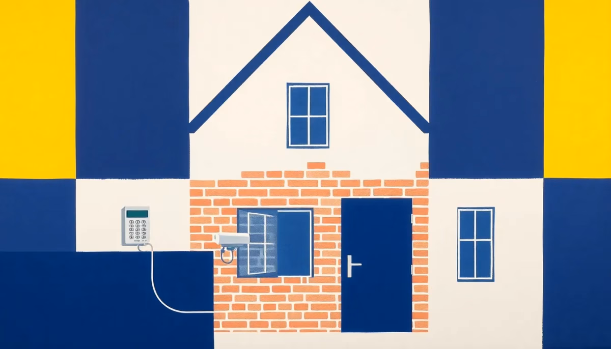 Suprematist abstract painting by Kazimir Malevich featuring a rural French brick family house protected by a connected alarm panel, a keypad lock and a security camera. Minimalist composition of bold navy blue and vibrant yellow geometric shapes on a stark white background. Flat textures, sharp edges, avant-garde electrical concept. No humans, no text, no text overlay.