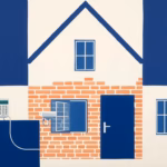 Suprematist abstract painting by Kazimir Malevich featuring a rural French brick family house protected by a connected alarm panel, a keypad lock and a security camera. Minimalist composition of bold navy blue and vibrant yellow geometric shapes on a stark white background. Flat textures, sharp edges, avant-garde electrical concept. No humans, no text, no text overlay.