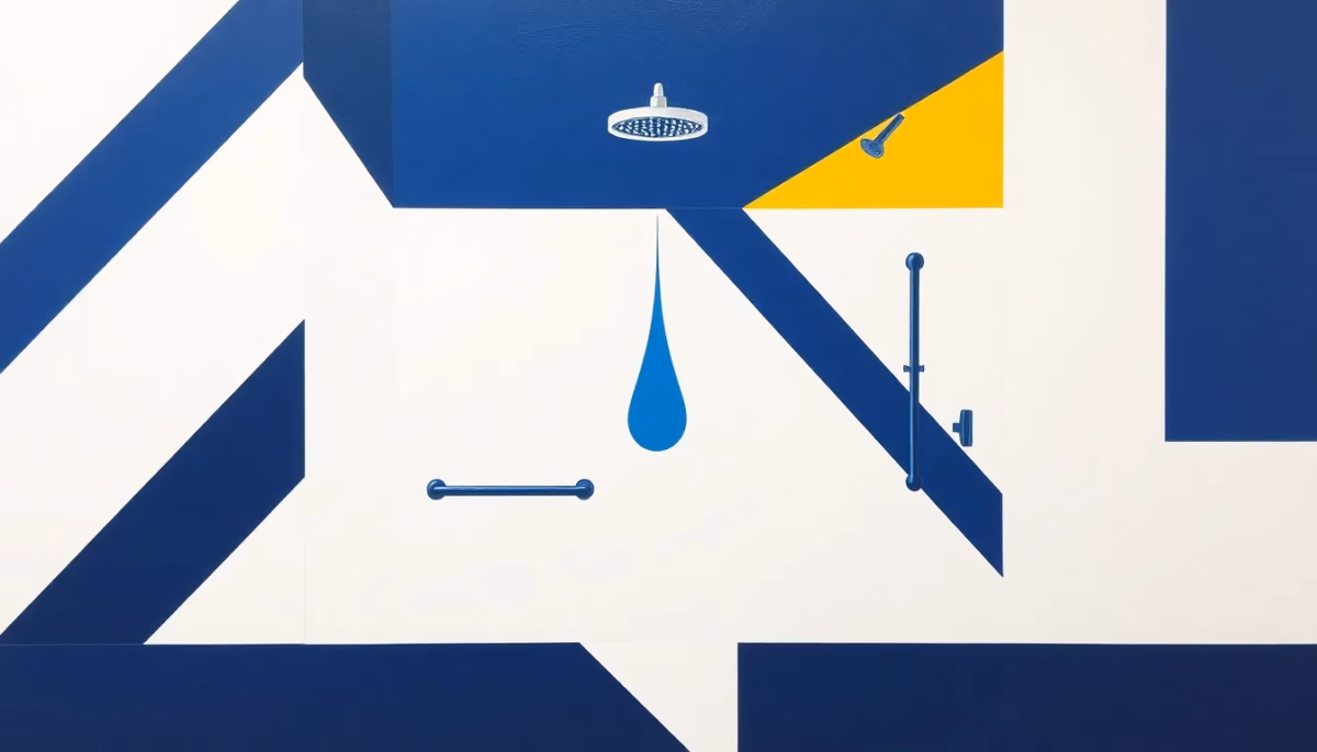 Suprematist abstract painting by Kazimir Malevich depicting a walk-in shower with grab bars and a geometric water droplet. Minimalist composition of bold navy blue and vibrant yellow geometric shapes on a stark white background. Flat textures, sharp edges, avant-garde bathroom safety concept, clean and modern. No humans, no text, no letters, no watermark.