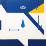 Suprematist abstract painting by Kazimir Malevich depicting a walk-in shower with grab bars and a geometric water droplet. Minimalist composition of bold navy blue and vibrant yellow geometric shapes on a stark white background. Flat textures, sharp edges, avant-garde bathroom safety concept, clean and modern. No humans, no text, no letters, no watermark.
