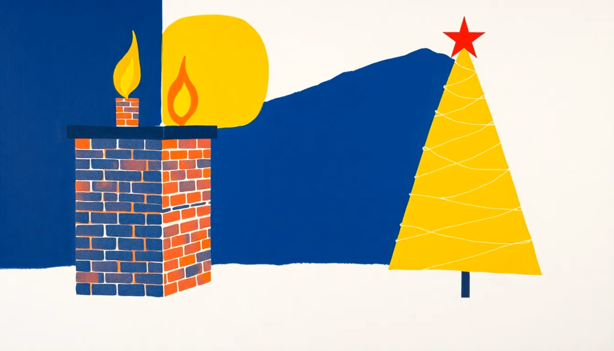 Suprematist abstract painting in the style of Kazimir Malevich featuring a brick chimney with a stylized flame beside a geometric Christmas tree wrapped in light strings. Minimalist composition of bold navy blue and vibrant yellow geometric shapes on a stark white background. Flat textures, sharp edges, avant-garde fire and electrical safety concept. No humans, no text.