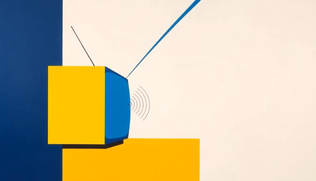 Suprematist abstract painting by Kazimir Malevich featuring a television antenna and concentric signal waves reaching a distant screen. Minimalist composition of bold navy blue and vibrant yellow geometric shapes on a stark white background. Flat textures, sharp edges, avant-garde electrical concept. No humans, no text.