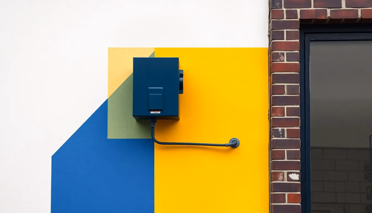 Suprematist abstract painting by Kazimir Malevich featuring a wall-mounted outdoor alarm siren with a strobe flash on a brick facade. Minimalist composition of bold navy blue and vibrant yellow geometric shapes on a stark white background. Flat textures, sharp edges, avant-garde electrical concept. No humans, no text.