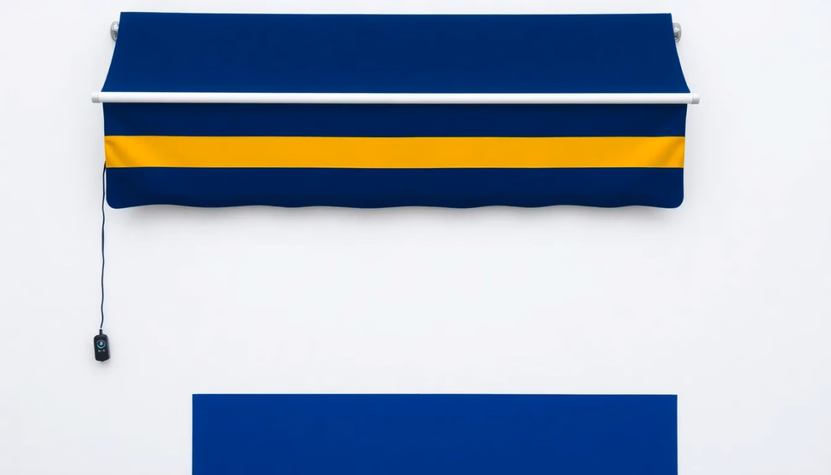 Suprematist abstract painting by Kazimir Malevich featuring a motorized retractable awning with extended striped fabric and a small wireless remote control. Minimalist composition of bold navy blue and vibrant yellow geometric shapes on a stark white background. Flat textures, sharp edges, avant-garde electrical concept. No humans, no text overlay.