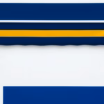 Suprematist abstract painting by Kazimir Malevich featuring a motorized retractable awning with extended striped fabric and a small wireless remote control. Minimalist composition of bold navy blue and vibrant yellow geometric shapes on a stark white background. Flat textures, sharp edges, avant-garde electrical concept. No humans, no text overlay.
