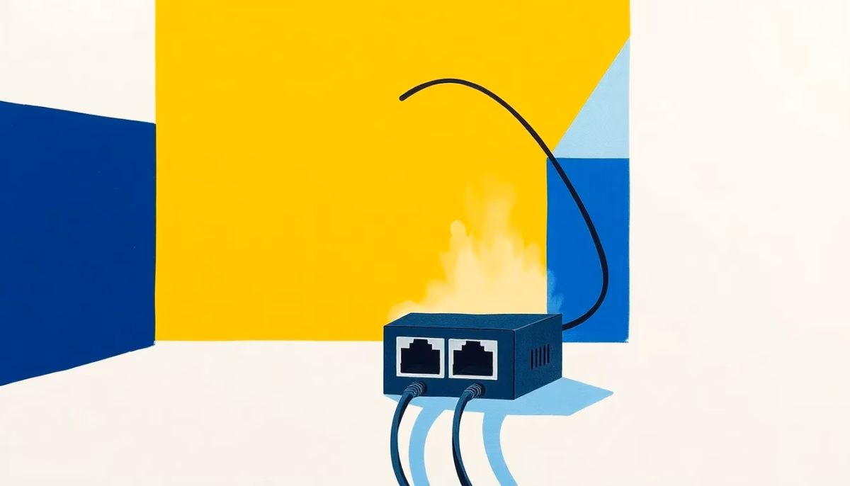 Suprematist abstract painting by Kazimir Malevich featuring a compact Ethernet network switch distributing RJ45 cables toward the rooms of a house from an attic. Minimalist composition of bold navy blue and vibrant yellow geometric shapes on a stark white background. Flat textures, sharp edges, avant-garde electrical concept. No humans, no text, no lettering, no logos.