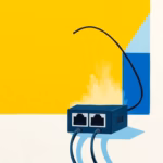 Suprematist abstract painting by Kazimir Malevich featuring a compact Ethernet network switch distributing RJ45 cables toward the rooms of a house from an attic. Minimalist composition of bold navy blue and vibrant yellow geometric shapes on a stark white background. Flat textures, sharp edges, avant-garde electrical concept. No humans, no text, no lettering, no logos.