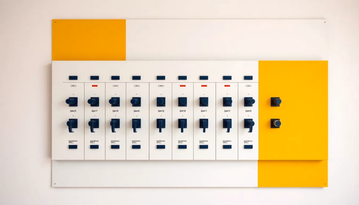 Suprematist abstract painting inspired by Kazimir Malevich showing a wall-mounted electrical distribution board with oversized lever switches arranged in neat labelled rows. Minimalist composition of bold navy blue and vibrant yellow geometric shapes on a stark white background. Flat matte textures, sharp crisp edges, avant-garde electrical concept, no humans, no text, no letters, no numbers, no logos.