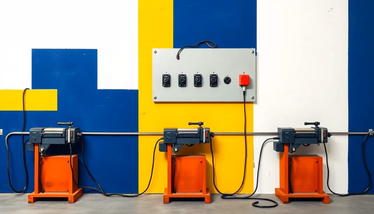 Suprematist abstract painting in the style of Kazimir Malevich featuring a heavy workshop electrical panel wired to three stationary woodworking machines: a planer-thicknesser, a spindle moulder and a bandsaw. Minimalist composition of bold navy blue and vibrant yellow geometric shapes on a stark white background. Flat matte textures, sharp edges, avant-garde electrical concept, clean studio lighting, high resolution. No humans, no text, no letters, no numbers.