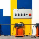 Suprematist abstract painting in the style of Kazimir Malevich featuring a heavy workshop electrical panel wired to three stationary woodworking machines: a planer-thicknesser, a spindle moulder and a bandsaw. Minimalist composition of bold navy blue and vibrant yellow geometric shapes on a stark white background. Flat matte textures, sharp edges, avant-garde electrical concept, clean studio lighting, high resolution. No humans, no text, no letters, no numbers.