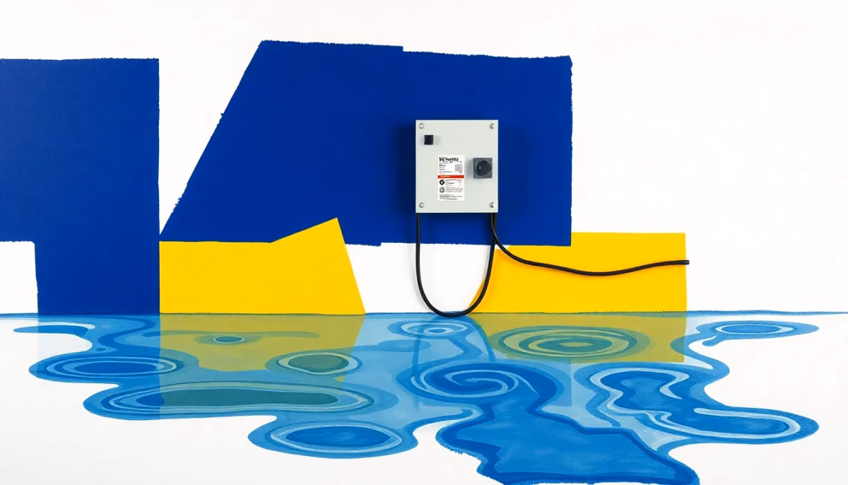 Suprematist abstract painting in the style of Kazimir Malevich depicting a damp basement wall with water infiltration rising through the masonry, a floating electrical distribution board mounted high above the floor and sealed waterproof enclosures. Minimalist composition of bold navy blue and vibrant yellow geometric shapes with a few white accents on a stark off-white background. Flat textures, sharp edges, avant-garde interpretation of electrical safety in a wet cellar. No humans, no text, no letters, no numbers.