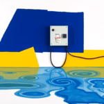 Suprematist abstract painting in the style of Kazimir Malevich depicting a damp basement wall with water infiltration rising through the masonry, a floating electrical distribution board mounted high above the floor and sealed waterproof enclosures. Minimalist composition of bold navy blue and vibrant yellow geometric shapes with a few white accents on a stark off-white background. Flat textures, sharp edges, avant-garde interpretation of electrical safety in a wet cellar. No humans, no text, no letters, no numbers.