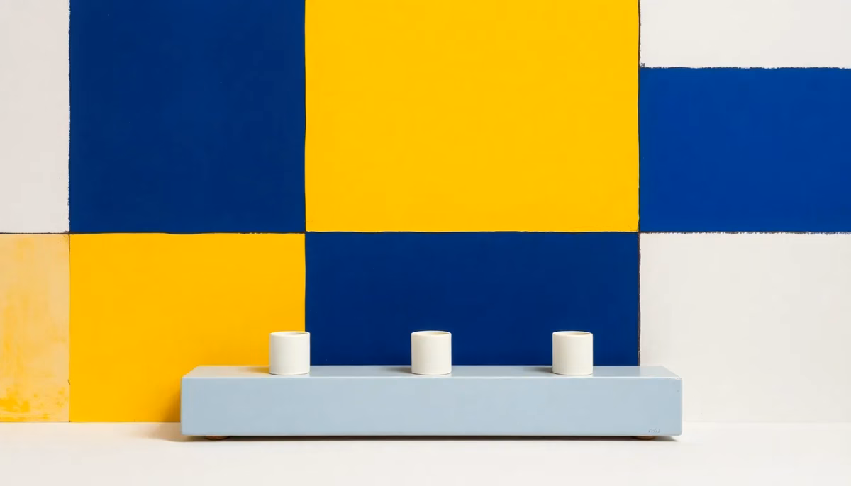 Suprematist abstract painting in the style of Kazimir Malevich featuring an antique porcelain fuse board with three ceramic fuse holders. Minimalist composition of bold navy blue and vibrant yellow geometric shapes on a stark white background. Flat textures, sharp edges, avant-garde electrical concept. No humans, no text overlay.