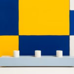 Suprematist abstract painting in the style of Kazimir Malevich featuring an antique porcelain fuse board with three ceramic fuse holders. Minimalist composition of bold navy blue and vibrant yellow geometric shapes on a stark white background. Flat textures, sharp edges, avant-garde electrical concept. No humans, no text overlay.