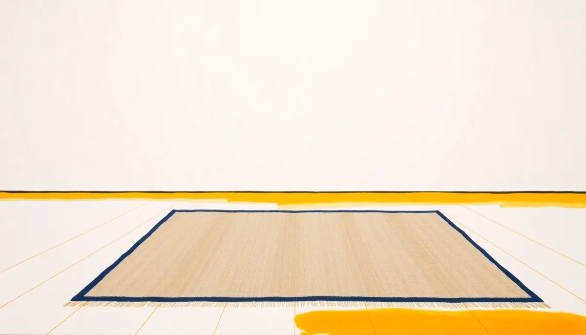 Suprematist abstract painting by Kazimir Malevich featuring a warm heated floor plane crossed by a flat-woven rug, with thin radiating heat lines rising from the ground. Minimalist composition of bold navy blue and vibrant yellow geometric shapes on a stark white background. Flat textures, sharp edges, avant-garde electrical concept. No humans, no text.