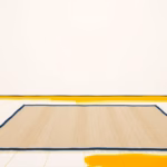 Suprematist abstract painting by Kazimir Malevich featuring a warm heated floor plane crossed by a flat-woven rug, with thin radiating heat lines rising from the ground. Minimalist composition of bold navy blue and vibrant yellow geometric shapes on a stark white background. Flat textures, sharp edges, avant-garde electrical concept. No humans, no text.