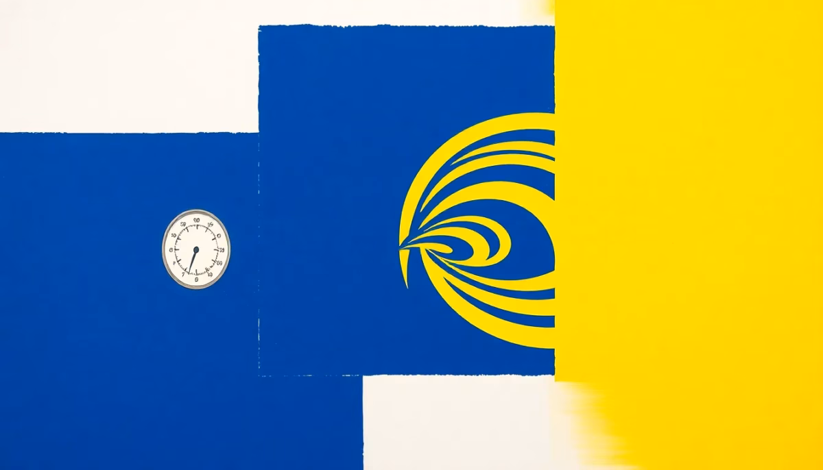 Suprematist abstract painting in the style of Kazimir Malevich featuring a hygrometer dial and swirling ventilation airflow inside a rural farmhouse. Minimalist composition of bold navy blue and vibrant yellow geometric shapes on a stark white background. Flat textures, sharp edges, avant-garde concept of balanced indoor air humidity. No humans, no text.