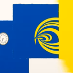 Suprematist abstract painting in the style of Kazimir Malevich featuring a hygrometer dial and swirling ventilation airflow inside a rural farmhouse. Minimalist composition of bold navy blue and vibrant yellow geometric shapes on a stark white background. Flat textures, sharp edges, avant-garde concept of balanced indoor air humidity. No humans, no text.