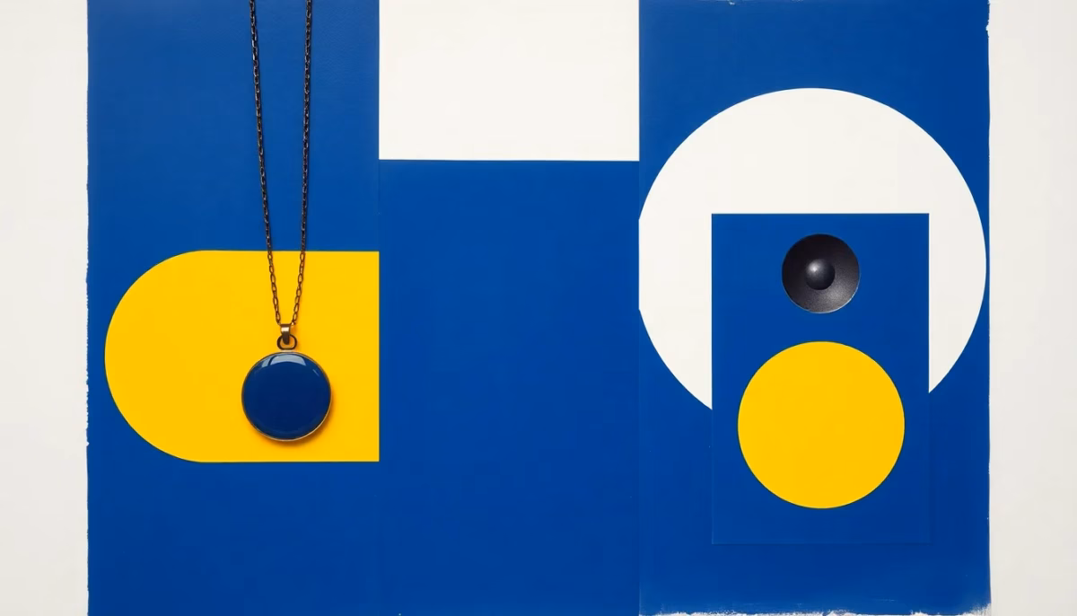Suprematist abstract painting in the style of Kazimir Malevich featuring a senior teleassistance pendant and a connected home speaker reduced to pure geometry. Minimalist composition of bold navy blue and vibrant yellow geometric shapes on a stark white background. Flat textures, sharp edges, avant-garde electrical concept. No humans, no text, no letters, no watermark.
