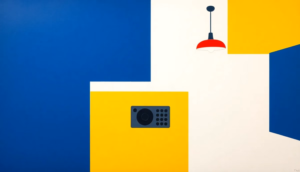 Suprematist abstract painting in the style of Kazimir Malevich featuring a large-button radio remote control commanding roller shutters and a ceiling light. Minimalist composition of bold navy blue and vibrant yellow geometric shapes on a stark white background. Flat textures, sharp edges, avant-garde electrical concept. No humans, no text, no typography, no overlays.