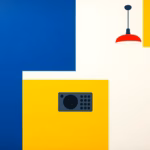 Suprematist abstract painting in the style of Kazimir Malevich featuring a large-button radio remote control commanding roller shutters and a ceiling light. Minimalist composition of bold navy blue and vibrant yellow geometric shapes on a stark white background. Flat textures, sharp edges, avant-garde electrical concept. No humans, no text, no typography, no overlays.