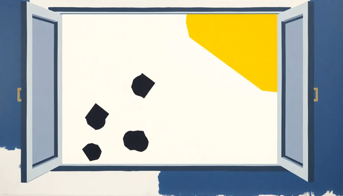 Suprematist abstract painting in the style of Kazimir Malevich: a window frame corner with bold black geometric mould shapes dissolving under a clean ventilation airflow. Minimalist composition of bold navy blue and vibrant yellow geometric shapes on a stark white background. Flat textures, sharp edges, avant-garde electrical concept. No humans, no text overlay.