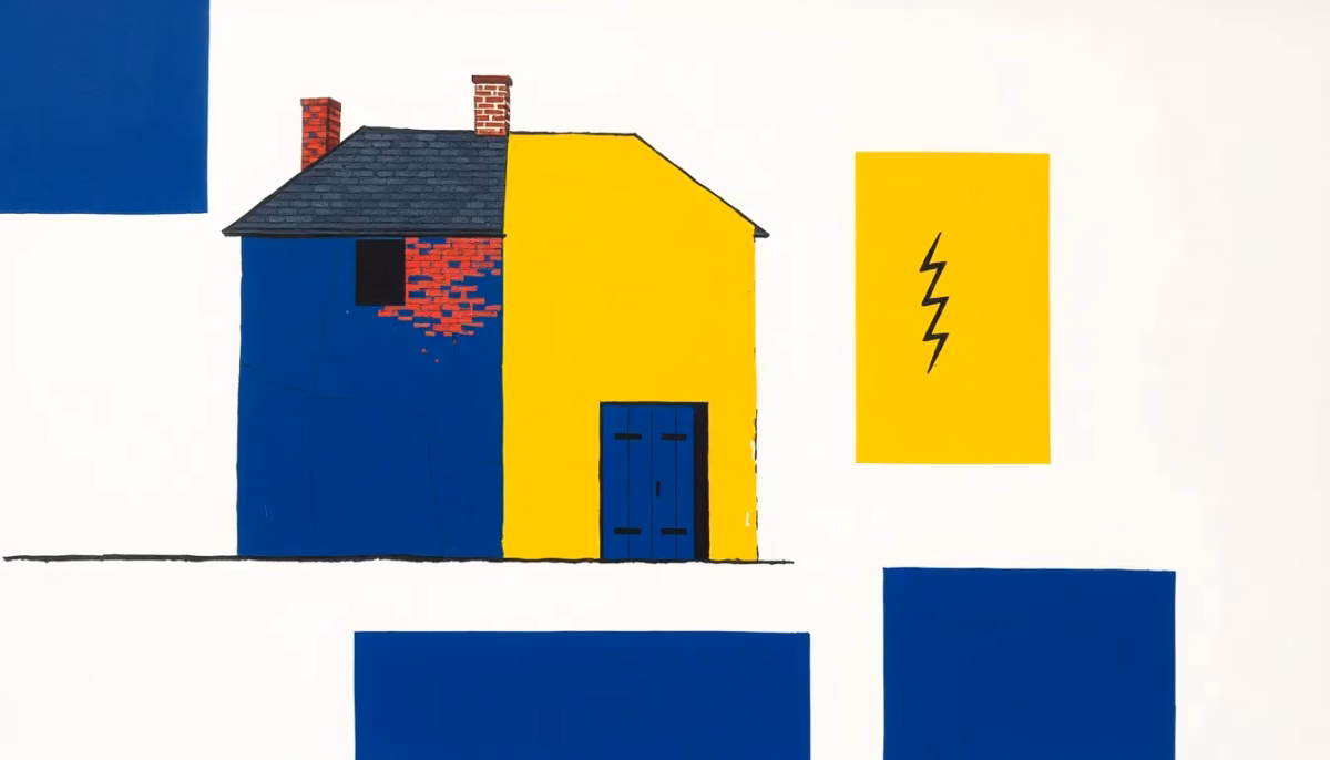 Suprematist abstract painting by Kazimir Malevich featuring an old French brick and stone house with a cracked facade and an exposed electrical panel symbol. Minimalist composition of bold navy blue and vibrant yellow geometric shapes on a stark white background. Flat textures, sharp edges, avant-garde electrical concept. No humans, no text, no letters, no text overlay.