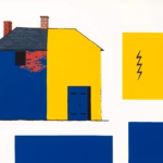 Suprematist abstract painting by Kazimir Malevich featuring an old French brick and stone house with a cracked facade and an exposed electrical panel symbol. Minimalist composition of bold navy blue and vibrant yellow geometric shapes on a stark white background. Flat textures, sharp edges, avant-garde electrical concept. No humans, no text, no letters, no text overlay.