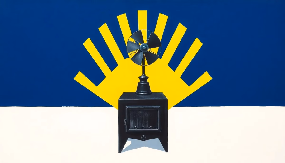 Suprematist abstract painting by Kazimir Malevich featuring a cast-iron wood stove topped with a small thermo-electric fan and rising geometric heat waves. Minimalist composition of bold navy blue and vibrant yellow geometric shapes on a stark white background. Flat textures, sharp edges, avant-garde electrical concept. No humans, no text.