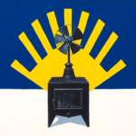 Suprematist abstract painting by Kazimir Malevich featuring a cast-iron wood stove topped with a small thermo-electric fan and rising geometric heat waves. Minimalist composition of bold navy blue and vibrant yellow geometric shapes on a stark white background. Flat textures, sharp edges, avant-garde electrical concept. No humans, no text.