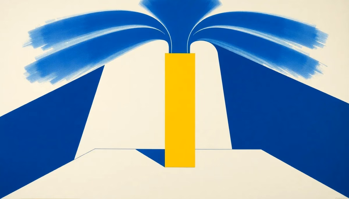 Suprematist abstract painting by Kazimir Malevich featuring a tall chimney flue rising through geometric roof planes with upward-flowing air currents. Minimalist composition of bold navy blue and vibrant yellow geometric shapes on a stark white background. Flat textures, sharp edges, avant-garde electrical concept. ##no humans##, ##no text##.