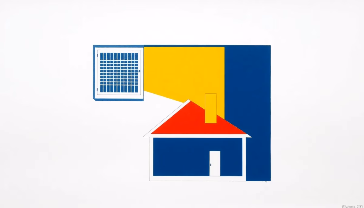 Suprematist abstract painting by Kazimir Malevich featuring a wall-mounted ventilation grille exhaling geometric vapour waves above a stylised insulated house cross-section. Minimalist composition of bold navy blue and vibrant yellow geometric shapes on a stark white background. Flat textures, sharp edges, avant-garde electrical concept. No humans, no text, no lettering, no watermark, no overlay.
