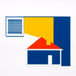Suprematist abstract painting by Kazimir Malevich featuring a wall-mounted ventilation grille exhaling geometric vapour waves above a stylised insulated house cross-section. Minimalist composition of bold navy blue and vibrant yellow geometric shapes on a stark white background. Flat textures, sharp edges, avant-garde electrical concept. No humans, no text, no lettering, no watermark, no overlay.