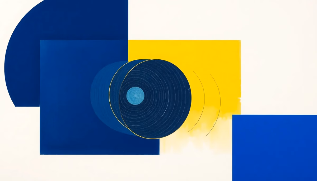 Suprematist abstract painting in the style of Kazimir Malevich featuring a residential mechanical ventilation unit with spiral air ducts and concentric sound waves radiating outward. Minimalist composition of bold navy blue and vibrant yellow geometric shapes on a stark white background. Flat textures, sharp edges, avant-garde electrical concept, clean graphic illustration style. No humans, no text overlay. ##no humans##, ##no text##