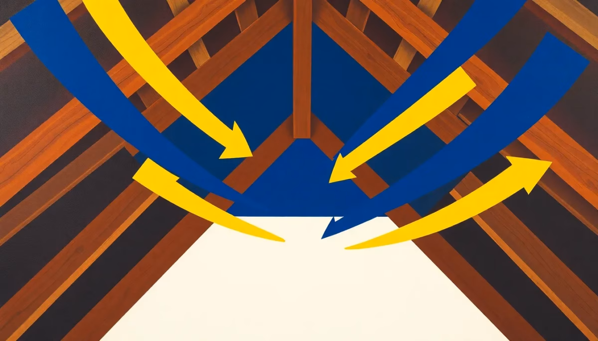 Suprematist abstract painting by Kazimir Malevich featuring a ventilated attic roof space with airflow arrows circulating between wooden rafters. Minimalist composition of bold navy blue and vibrant yellow geometric shapes on a stark white background. Flat textures, sharp edges, avant-garde electrical concept. No humans, no text, no letters, no numbers, no watermark.
