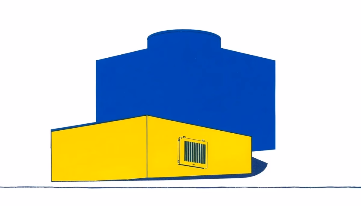 Suprematist abstract painting by Kazimir Malevich featuring a minimalist ventilation network with extraction grilles, a roof vent cap and airflow ducts. Minimalist composition of bold navy blue and vibrant yellow geometric shapes on a stark white background. Flat textures, sharp edges, avant-garde electrical concept. No humans, no text, no letters, no watermark, no signature.