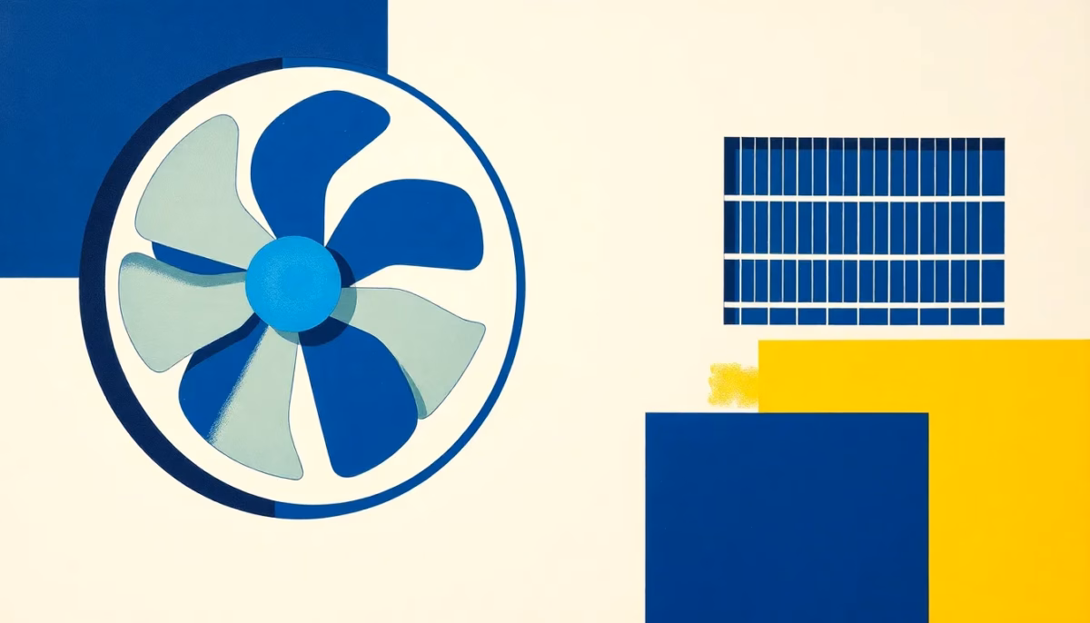 Suprematist abstract painting by Kazimir Malevich featuring an abstracted car radiator cooling fan and a ventilation blower grille. Minimalist composition of bold navy blue and vibrant yellow geometric shapes on a stark white background. Flat textures, sharp edges, avant-garde electrical concept. No humans, no text, no lettering, no overlay.