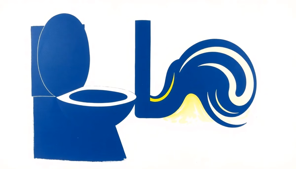 Suprematist abstract painting by Kazimir Malevich featuring a stylized toilet bowl and a ventilation pipe releasing swirling air currents. Minimalist composition of bold navy blue and vibrant yellow geometric shapes on a stark white background. Flat textures, sharp edges, avant-garde plumbing and ventilation concept. No humans, no text overlay.