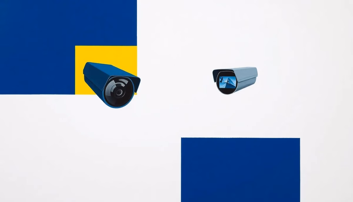 Suprematist abstract painting in the style of Kazimir Malevich, featuring a modern IP surveillance camera transmitting video frames through geometric PoE network switch shapes. Minimalist composition of bold navy blue and vibrant yellow geometric shapes on a stark white background. Flat textures, sharp edges, avant-garde electrical concept. No humans, no text overlay.