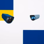 Suprematist abstract painting in the style of Kazimir Malevich, featuring a modern IP surveillance camera transmitting video frames through geometric PoE network switch shapes. Minimalist composition of bold navy blue and vibrant yellow geometric shapes on a stark white background. Flat textures, sharp edges, avant-garde electrical concept. No humans, no text overlay.