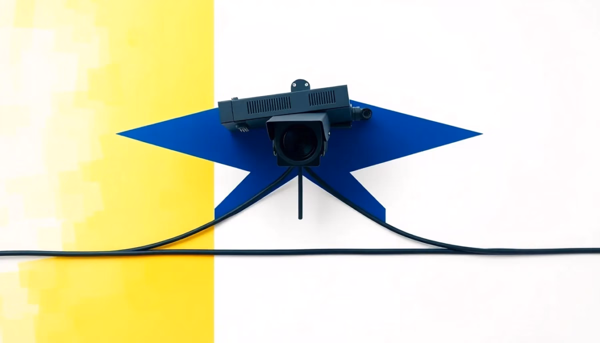 A Suprematist abstract painting in the style of Kazimir Malevich: a wall-mounted surveillance camera intersected by geometric network nodes and PoE cabling, minimalist composition of bold navy blue and vibrant yellow geometric shapes on a stark white background, flat textures, sharp edges, avant-garde electrical concept, no humans, no text, no letters, no watermark, clean high-contrast vector-like shapes, 16:9.
