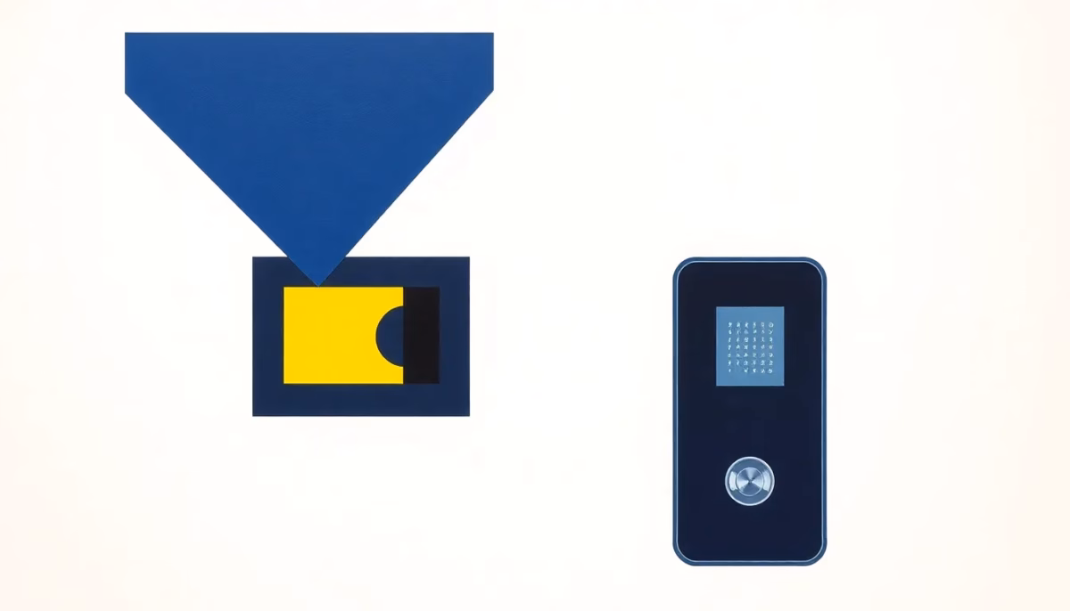 Suprematist abstract painting inspired by Kazimir Malevich featuring a connected video doorbell: a rectangular outdoor camera panel and an indoor monitor screen linked by concentric geometric radio waves. Minimalist composition of bold navy blue and vibrant yellow geometric shapes on a stark white background. Flat textures, sharp edges, avant-garde electrical concept, no humans, no text.