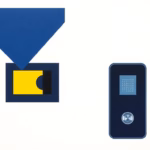 Suprematist abstract painting inspired by Kazimir Malevich featuring a connected video doorbell: a rectangular outdoor camera panel and an indoor monitor screen linked by concentric geometric radio waves. Minimalist composition of bold navy blue and vibrant yellow geometric shapes on a stark white background. Flat textures, sharp edges, avant-garde electrical concept, no humans, no text.