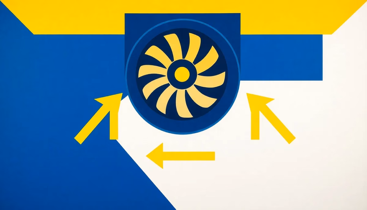 Suprematist abstract painting inspired by Kazimir Malevich, depicting a home ventilation duct network with a centrifugal fan and stylized airflow arrows. Minimalist composition of bold navy blue and vibrant yellow geometric shapes on a stark white background. Flat textures, sharp edges, avant-garde concept of ventilation diagnostics and airflow. No humans, no text.