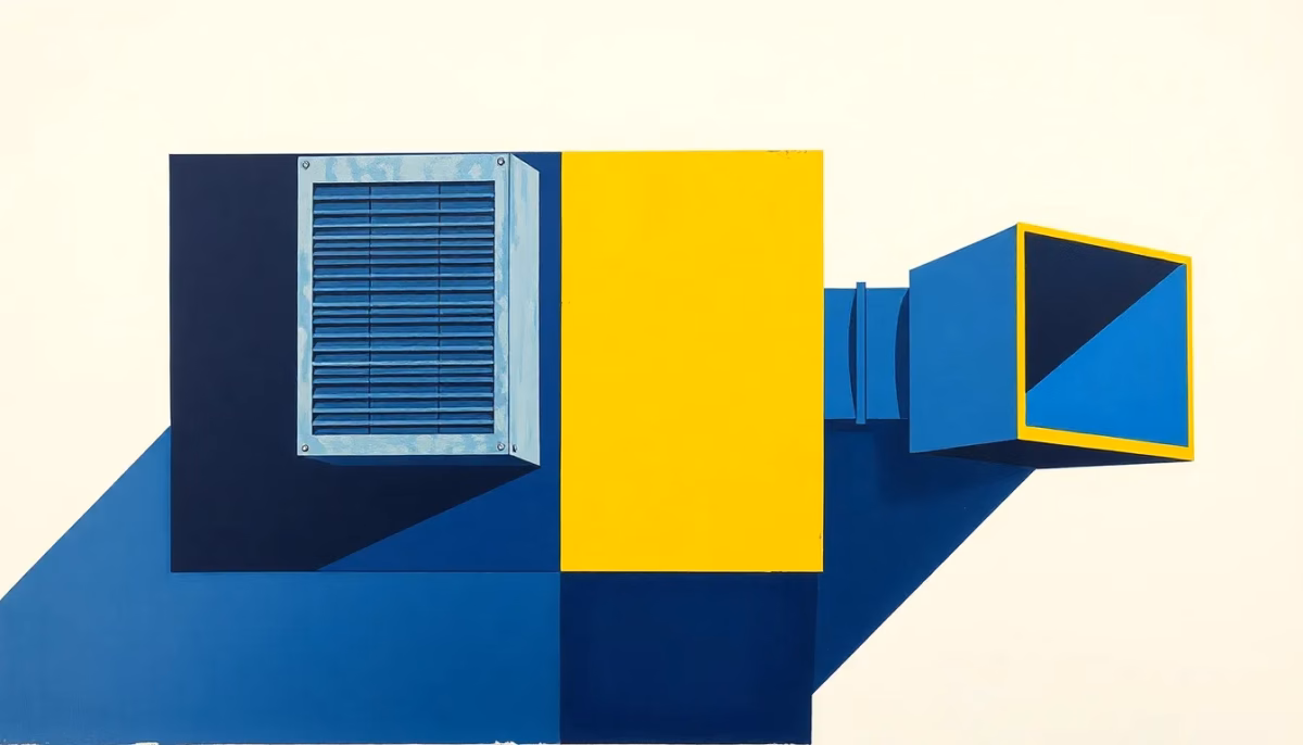 Suprematist abstract painting in the style of Kazimir Malevich featuring a mechanical ventilation unit and its rectangular ducting network. Minimalist composition of bold navy blue and vibrant yellow geometric shapes on a stark white background. Flat textures, sharp edges, avant-garde electrical concept. No humans, no text.