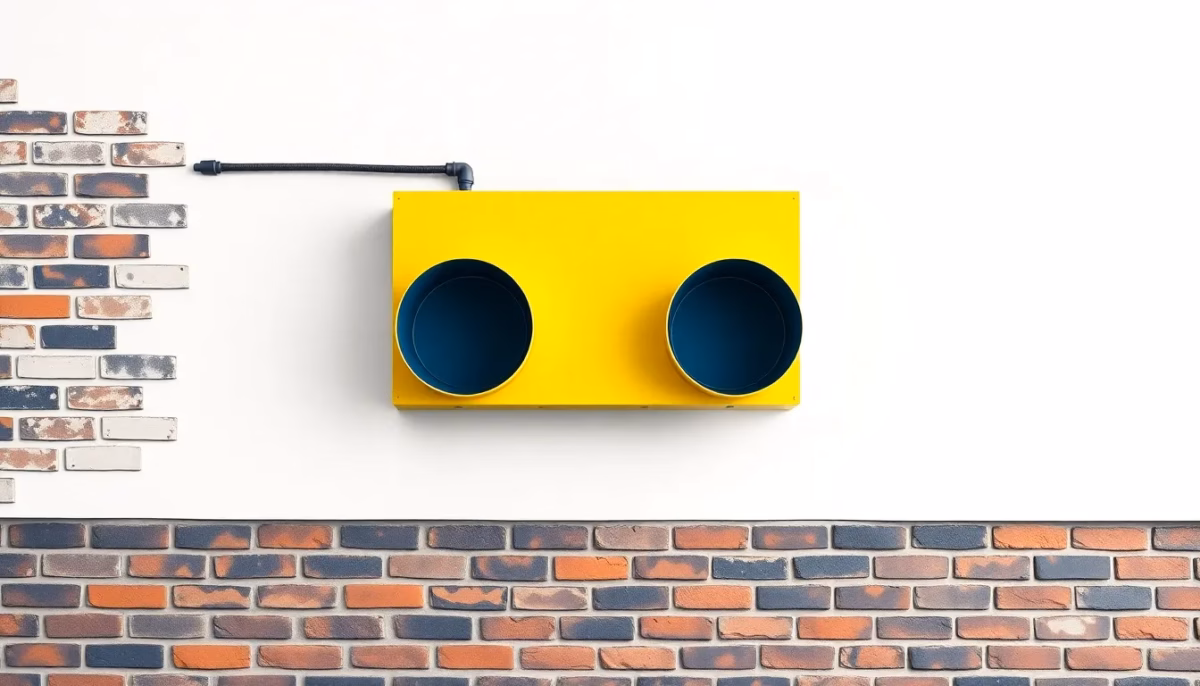 Suprematist abstract painting inspired by Kazimir Malevich, showing a wall-mounted decentralized ventilation unit with two circular air ducts crossing a thick brick wall. Minimalist composition of bold navy blue and vibrant yellow geometric shapes on a stark white background. Flat textures, sharp edges, avant-garde electrical concept, clean architectural cross-section view. No humans, no text, no lettering, no watermark.