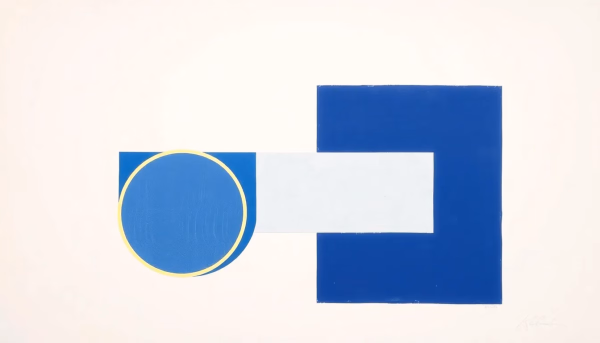 Suprematist abstract painting in the style of Kazimir Malevich featuring a double-flow ventilation unit with a heat exchanger core and crossing air ducts. Minimalist composition of bold navy blue and vibrant yellow geometric shapes on a stark white background. Flat textures, sharp edges, avant-garde electrical concept, no humans, no text.