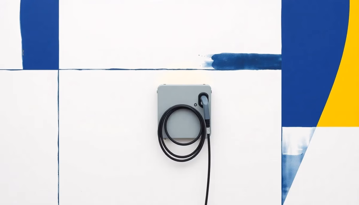 Suprematist abstract painting by Kazimir Malevich featuring a wall-mounted electric vehicle charging station with a coiled Type 2 cable. Minimalist composition of bold navy blue and vibrant yellow geometric shapes on a stark white background. Flat textures, sharp edges, avant-garde electrical concept. No humans, no text.