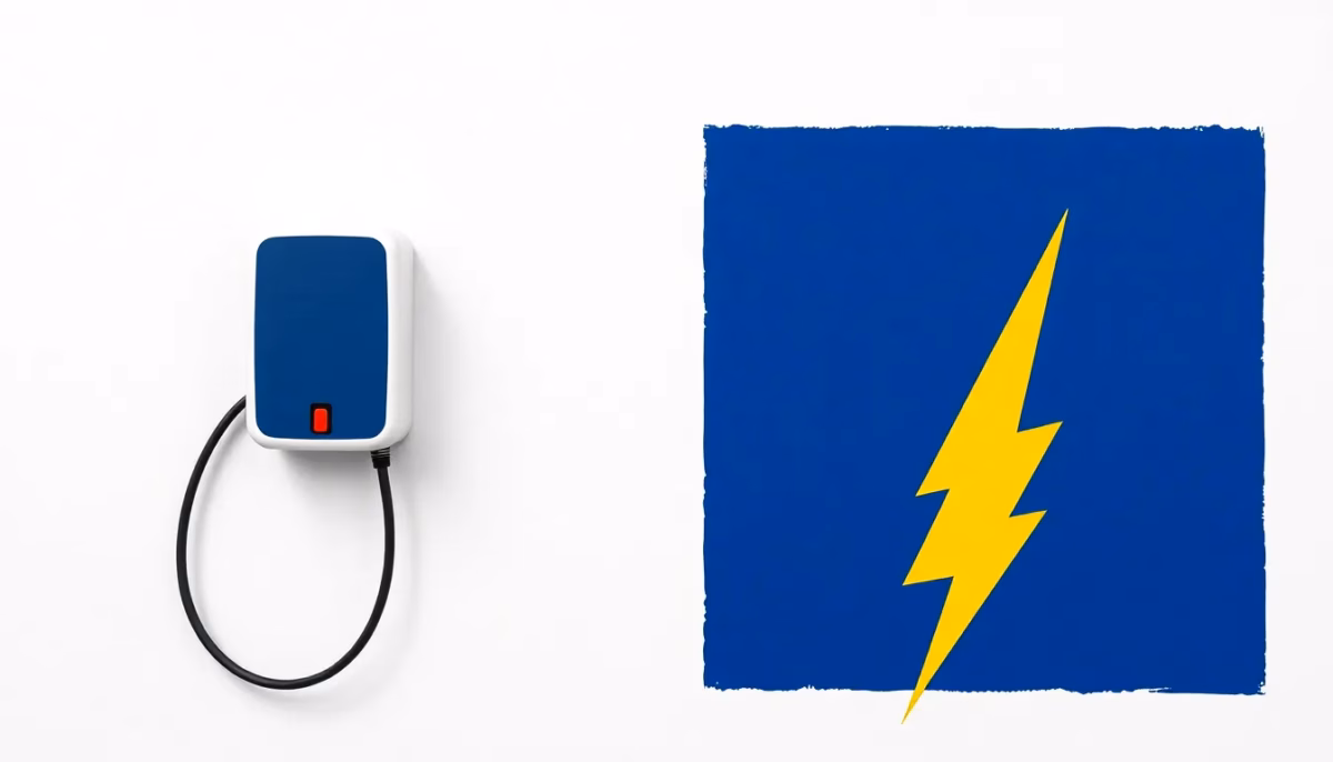 Suprematist abstract painting by Kazimir Malevich featuring a wall-mounted EV charging station with a coiled cable and a geometric lightning bolt. Minimalist composition of bold navy blue and vibrant yellow geometric shapes on a stark white background. Flat textures, sharp edges, avant-garde electrical concept. ##no humans##, ##no text##.